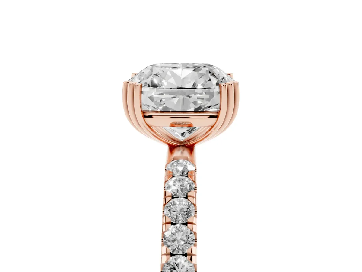 Cushion Cut Brilliant Solitaire with Pavé Band and Claw Prong Setting Rose gold