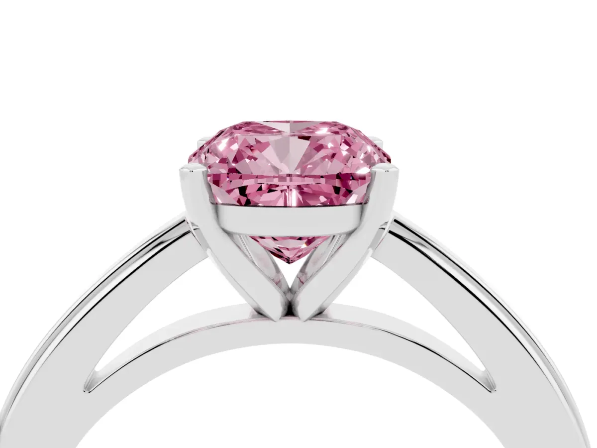 Fancy Pink Cushion Cut Solitaire Diamond Ring with Four-Prong Setting and Classic Band White gold