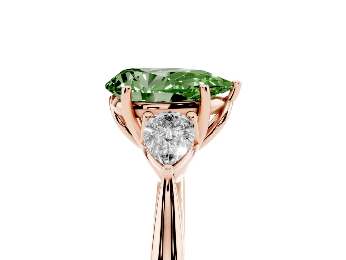 Fancy Green Pear Cut Diamond Three-Stone Ring with Pear Side Stones and Prong Setting Rose gold