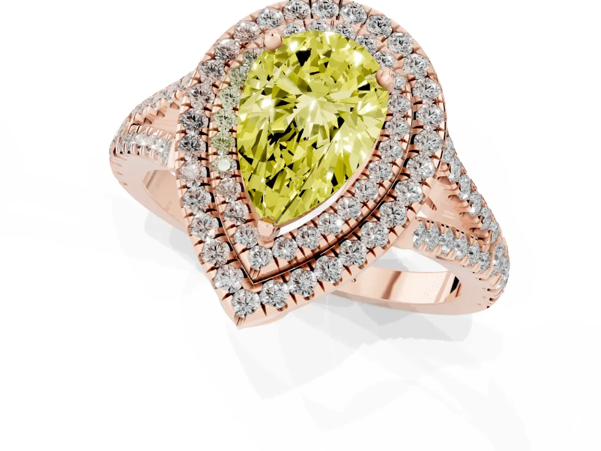 Fancy Yellow Pear Cut Diamond Double Halo Ring with Pavé Band and Prong Setting Rose gold