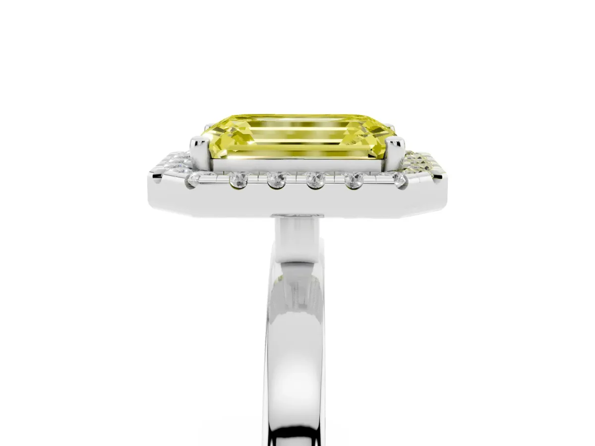 Fancy Yellow Emerald Cut Halo Diamond Solitaire with Pavé Band and Four-Prong Setting Platinum