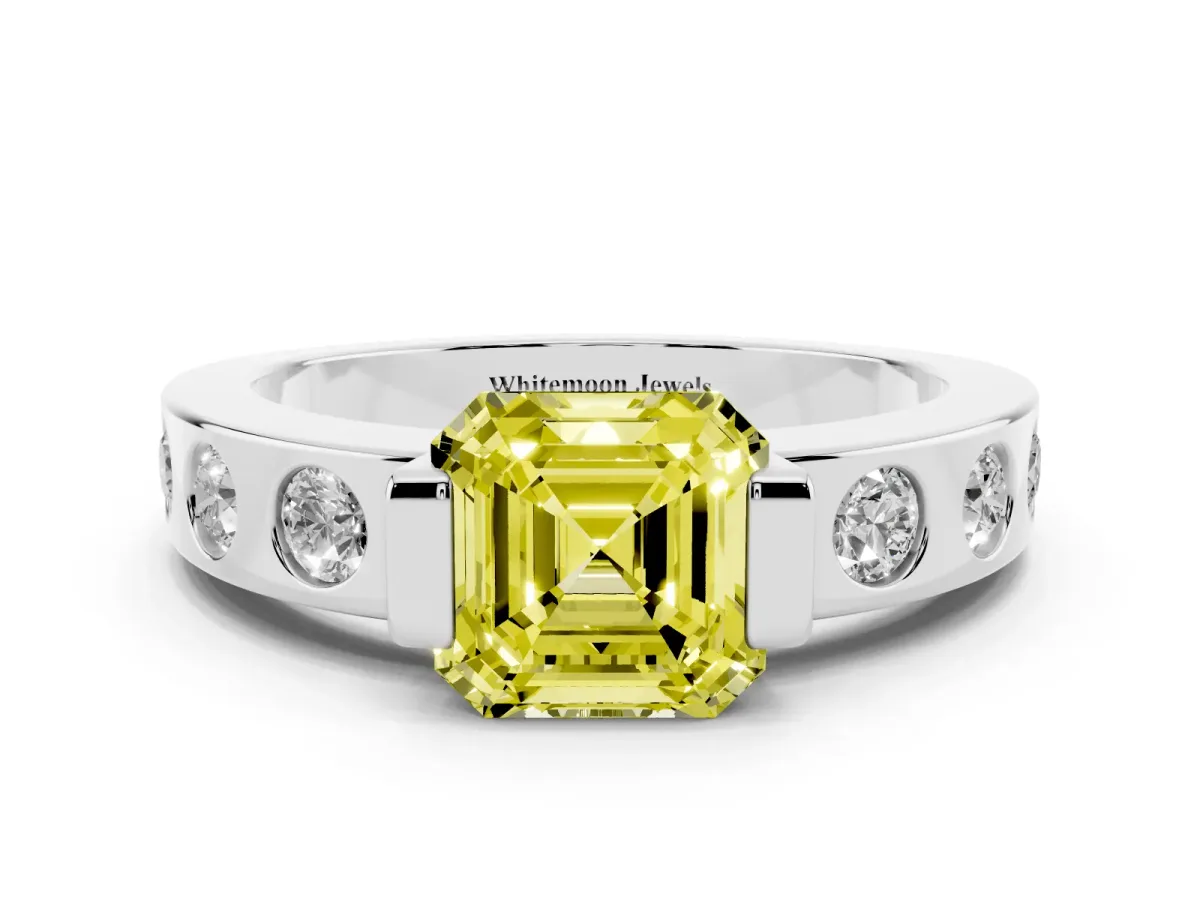 Fancy Yellow Asscher Cut Brilliant Channel-Set Diamond Ring with Bezel Prong Setting Platinum