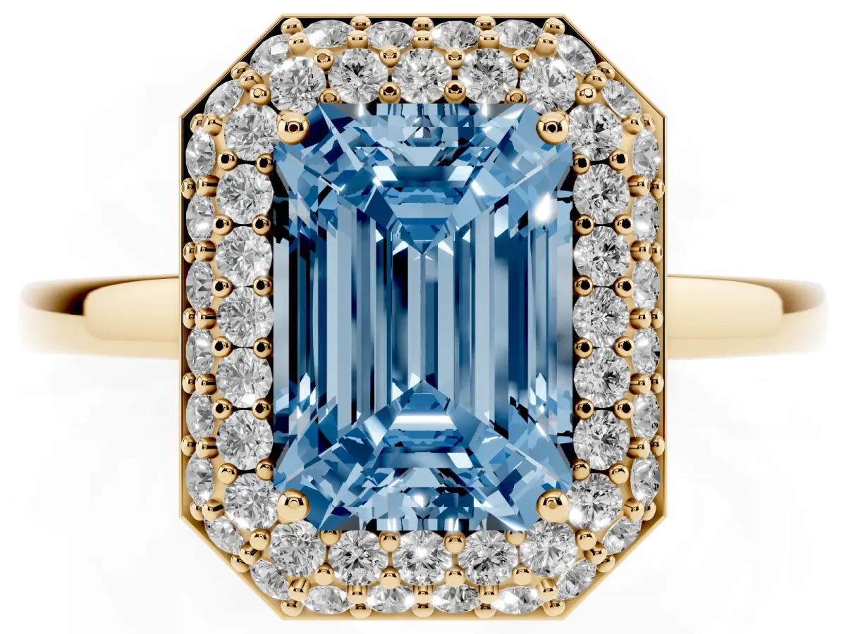Fancy Blue Emerald Cut Halo Diamond Engagement Ring with Solitaire Band and Four-Prong Setting Yellow gold