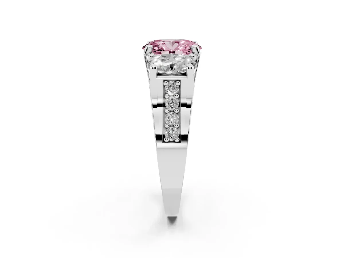 Fancy Pink Oval Cut Diamond Three-Stone Ring with Channel Set Band and Four-Prong Setting Silver