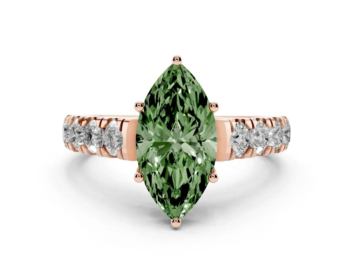 Fancy Green Marquise Cut Cut Diamond Solitaire Ring with Micro Pave Band and Prong Setting Rose gold