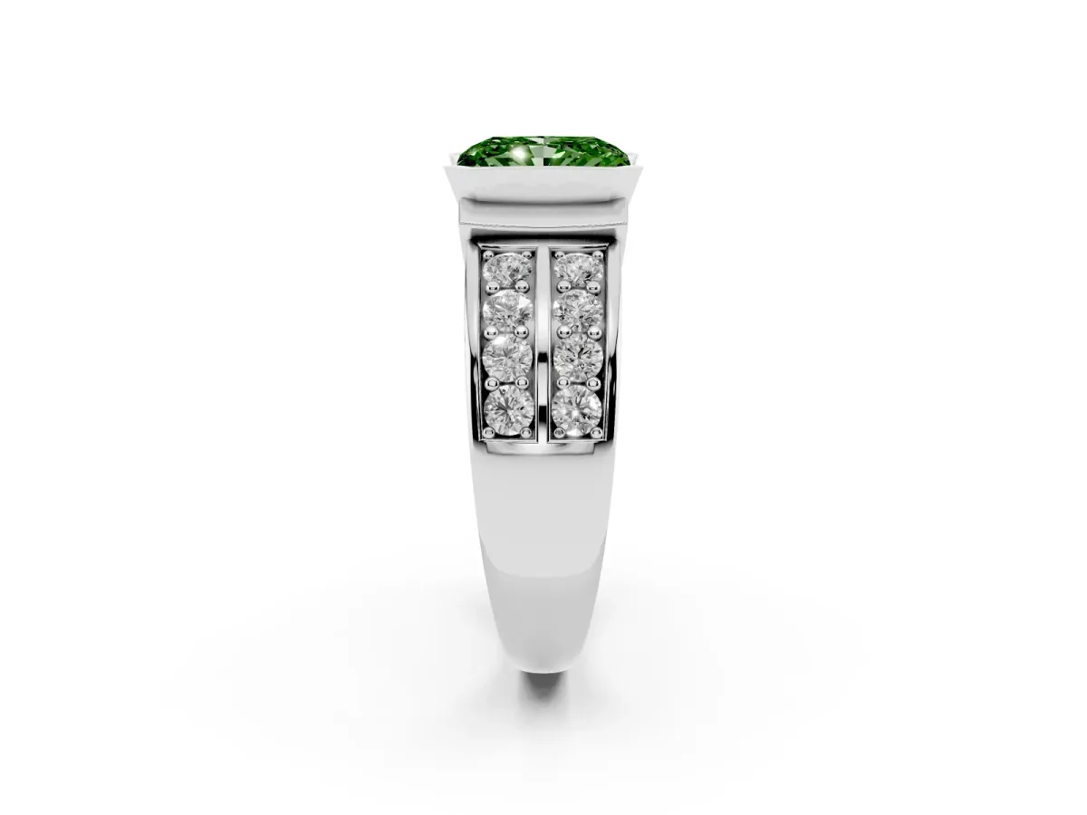 Fancy Green Radiant Cut Brilliant Diamond Channel Set Wide Band Ring with Bezel Setting Silver