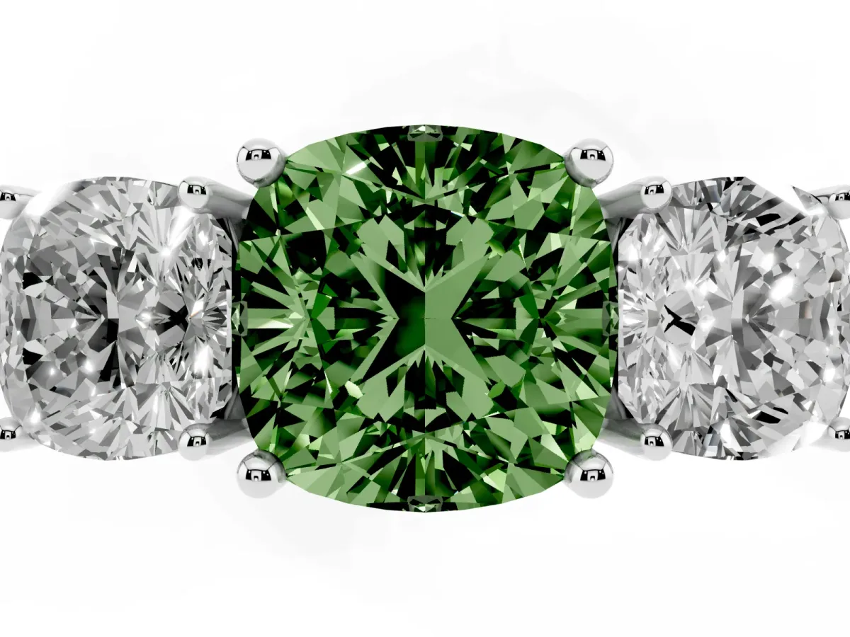 Fancy Green Three-Stone Cushion Cut Cut Diamond Engagement Ring with Prong Setting on a White Gold Band White gold