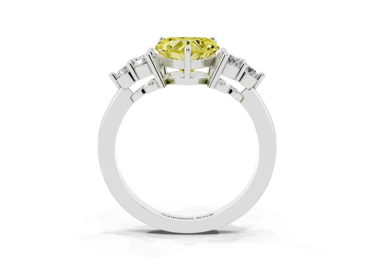 Fancy Yellow Heart Cut Brilliant Diamond Cluster Accent Solitaire Ring with Prong Setting Platinum