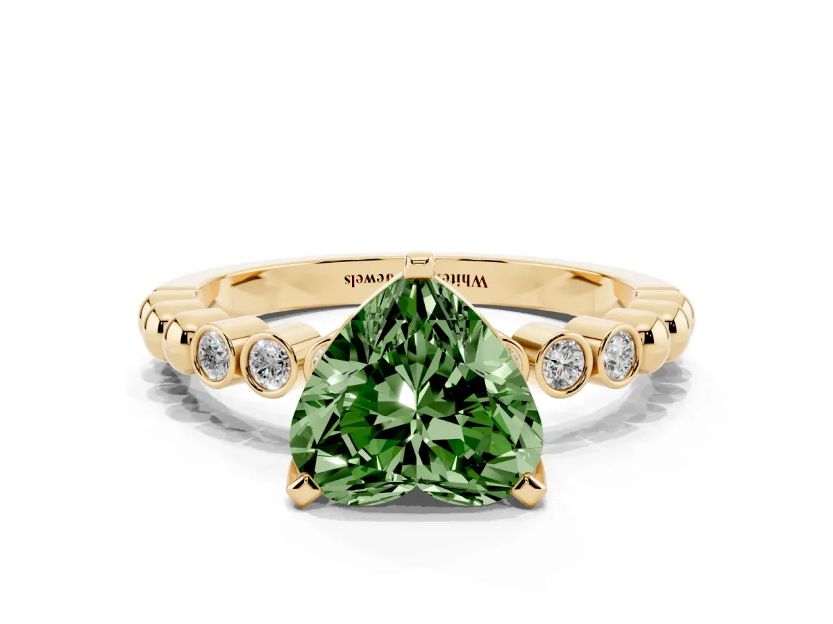 Fancy Green Heart Cut Solitaire Bezel Accent Diamond Engagement Ring with Beaded Band and Four-Prong Setting Yellow gold