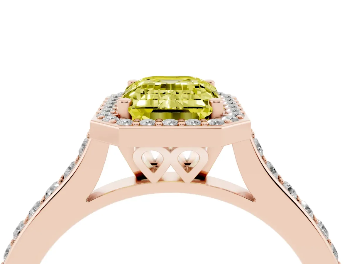 Fancy Yellow Emerald Cut Diamond Halo Engagement Ring with Round Pavé Shoulders and Prong Setting Rose gold