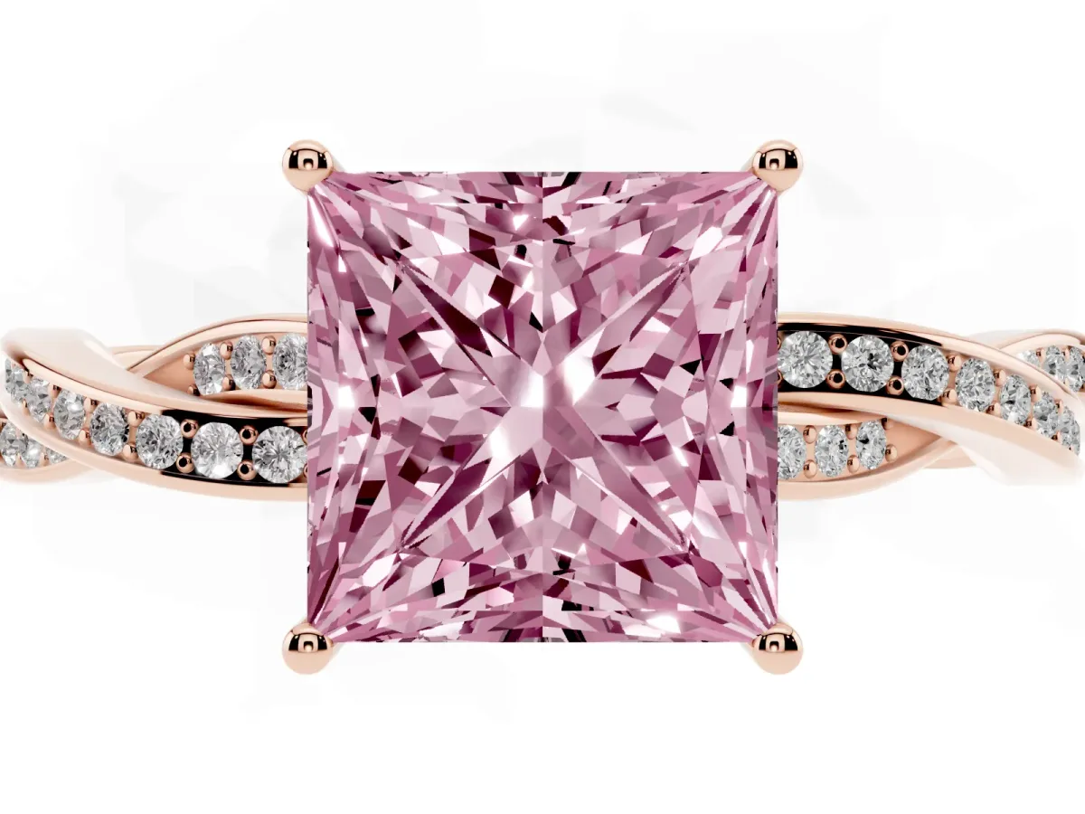 Fancy Pink Princess Cut Solitaire Twisted Pave Diamond Ring with Four-Prong Setting Rose gold