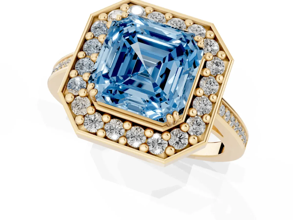 Fancy Blue Asscher Cut Diamond Halo Ring with Split Shank and Four-Prong Setting Yellow gold