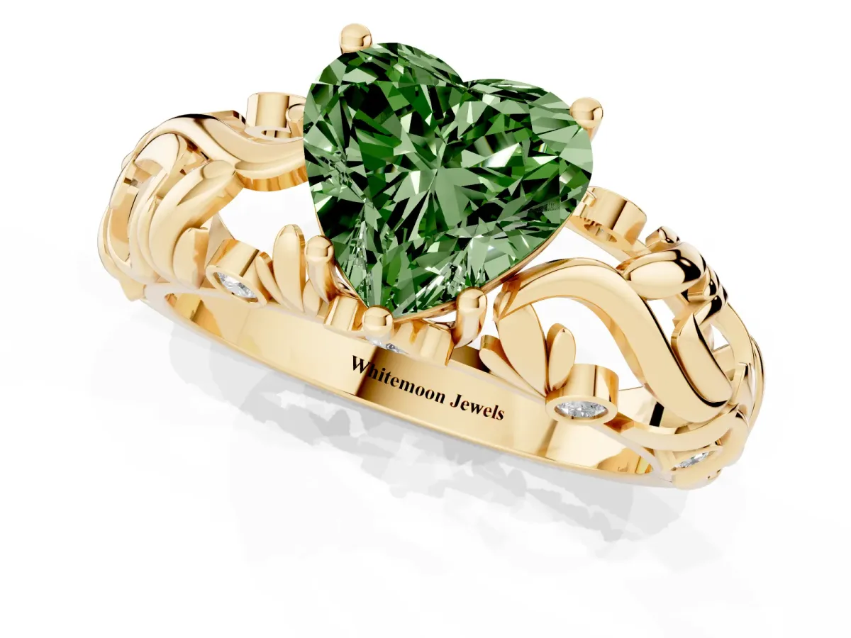Fancy Green Heart Cut Solitaire Diamond Leaf-Inspired Vine Band Ring with Prong Setting Yellow gold