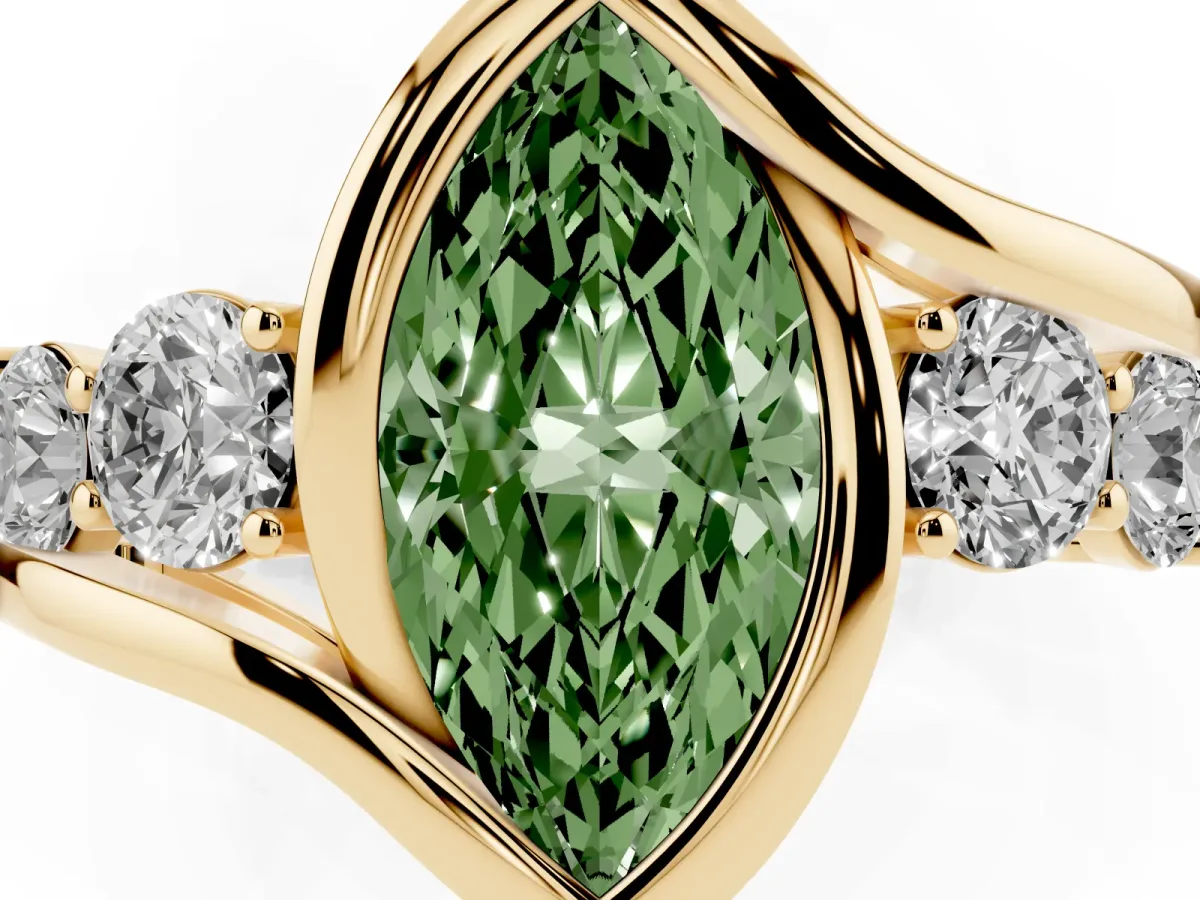 Fancy Green Bezel Set Marquise Cut Diamond Bypass Ring with Round Accents Yellow gold