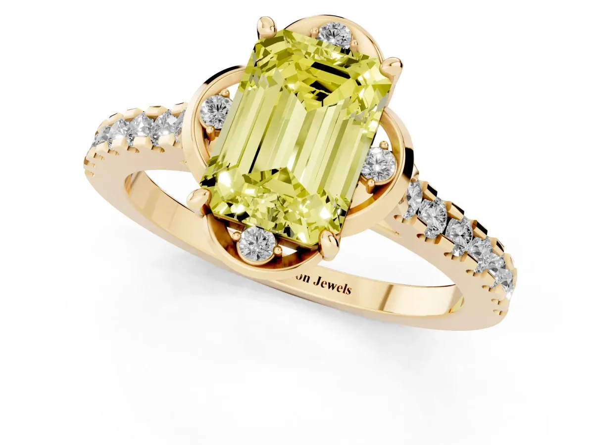 Fancy Yellow Emerald Cut Diamond Ring with Pavé Band and Floral Prong Setting Yellow gold