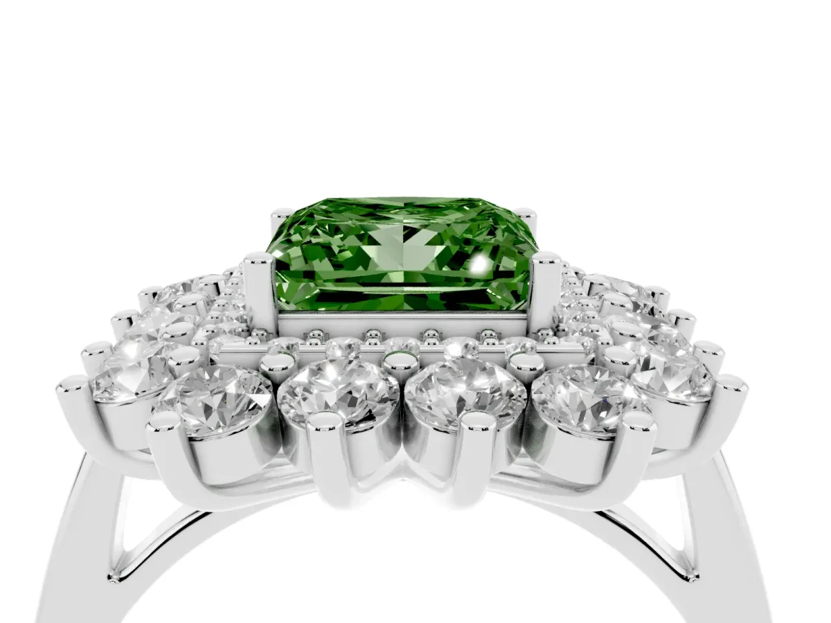 Fancy Green Princess Cut Diamond Floral Double Halo Engagement Ring with Prong Setting White gold