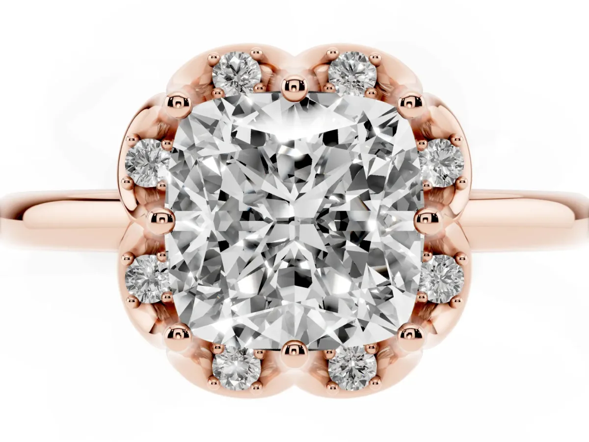 Cushion Cut Halo Diamond Ring with Round Cluster Setting, Solitaire Band, and Four-Prong Setting Rose gold