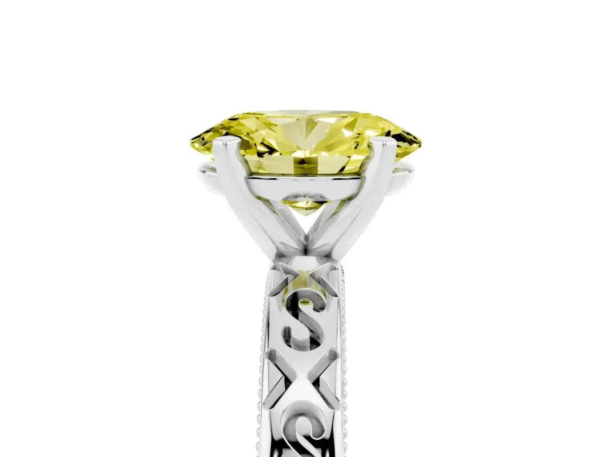 Fancy Yellow Oval Cut Solitaire Engagement Ring with Scrollwork Band and Four-Prong Setting Silver