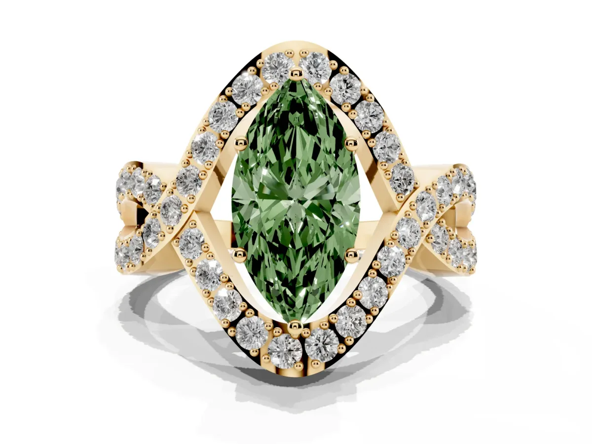 Fancy Green Marquise Cut Solitaire Twist Band Pavé Diamond Engagement Ring Yellow gold
