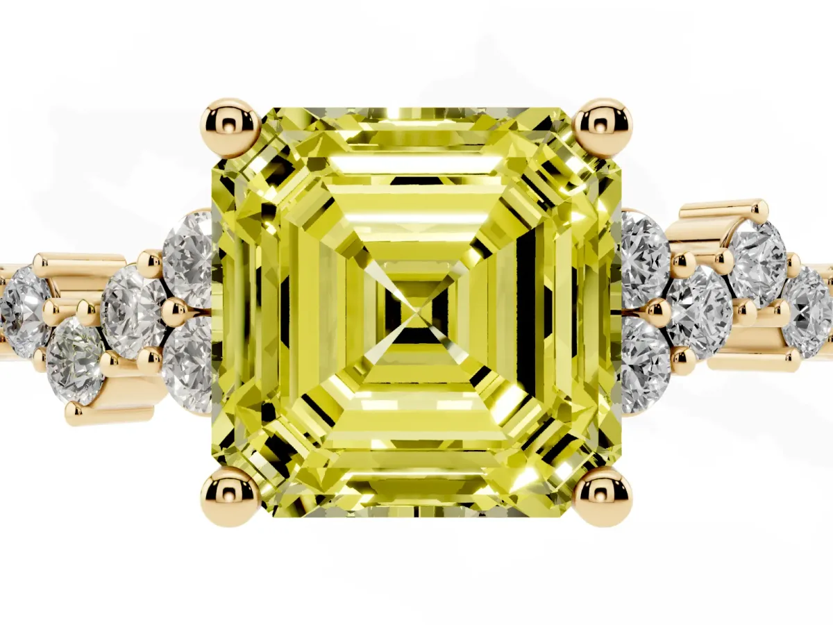 Fancy Yellow Asscher Cut Diamond Scattered Round Accent Ring with Prong Setting Yellow gold