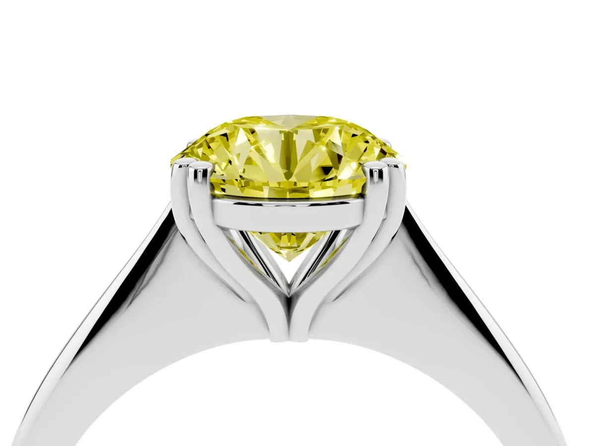 Fancy Yellow Round Cut Solitaire Diamond Ring with Six-Prong Setting and Classic Band Silver
