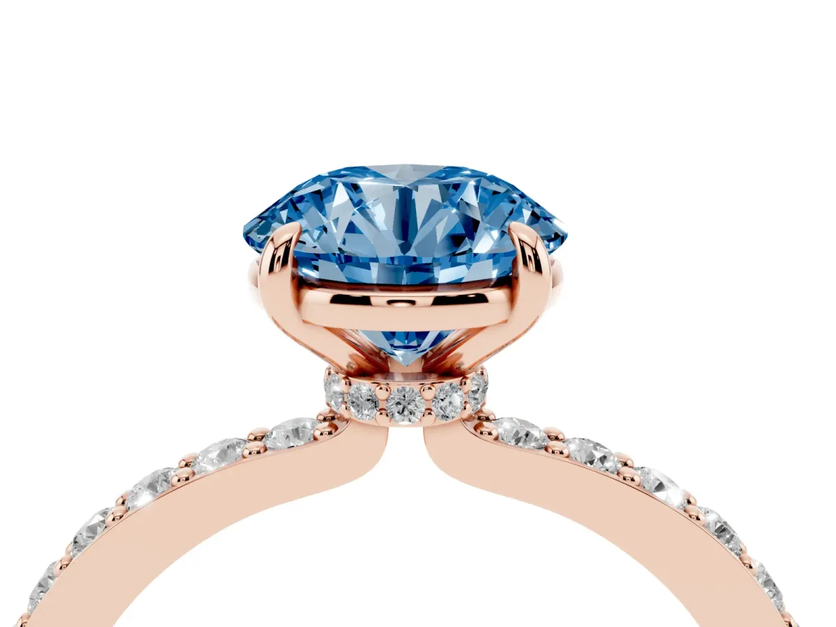 Fancy Blue Round Cut Diamond Pavé Engagement Ring with Round Accents and Prong Setting Rose gold