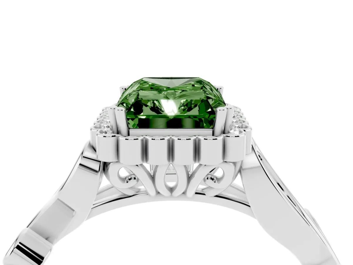Fancy Green Radiant Cut Diamond Halo Ring with Vintage Split Shank and Four-Prong Setting Silver
