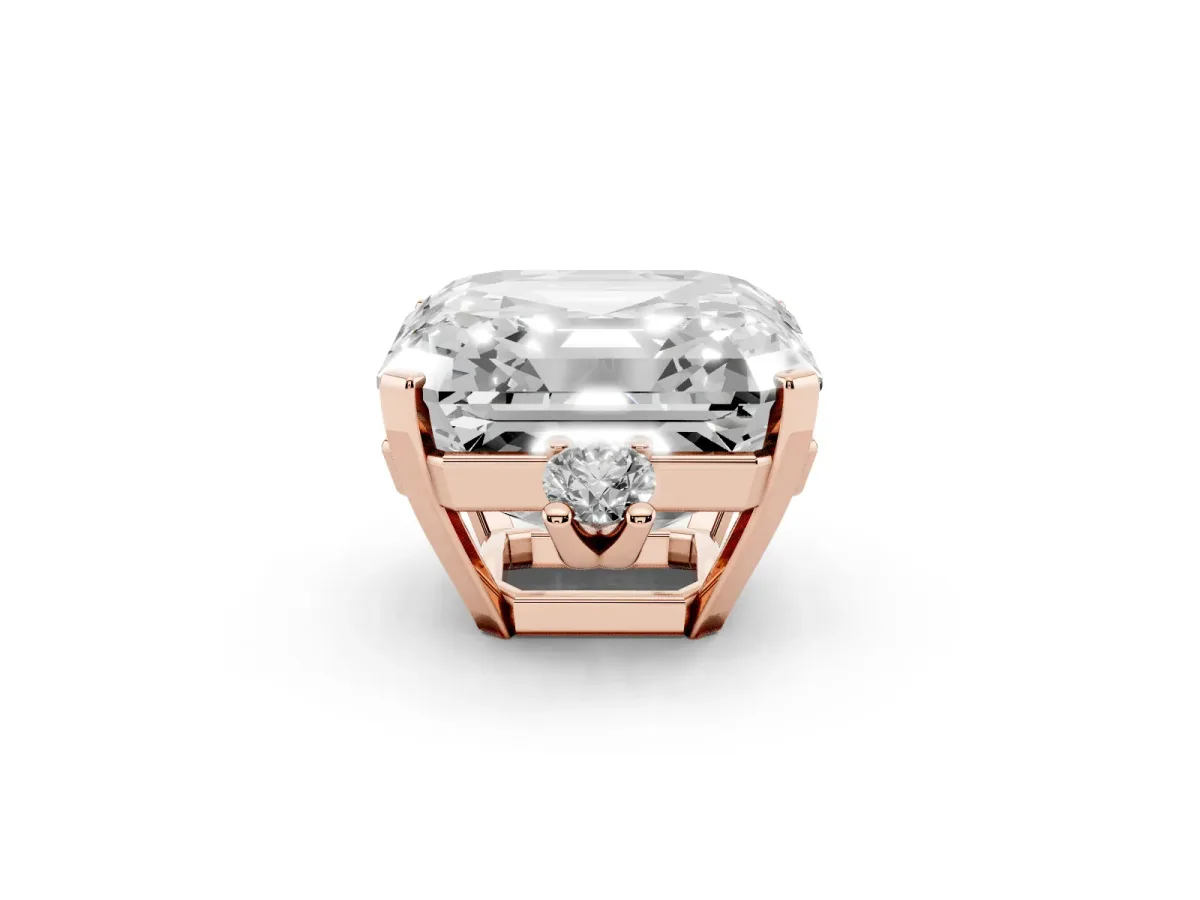 Asscher Cut Cut Three-Stone Solitaire Ring with Round Accent Diamonds and Four-Prong Setting Rose gold