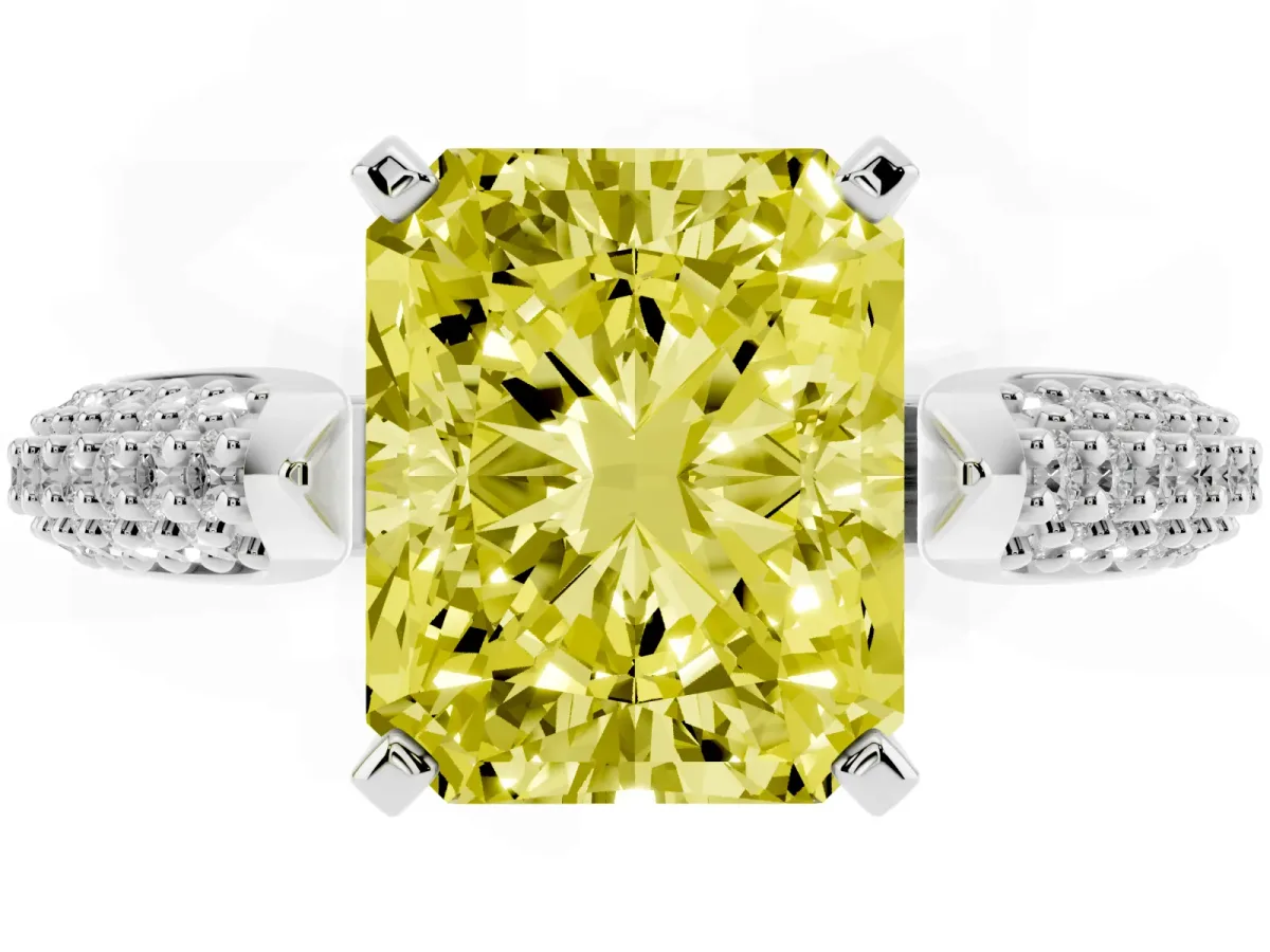 Fancy Yellow Radiant Cut Diamond Solitaire Engagement Ring with Multi-Row Round Pavé Band and Prong Setting Silver