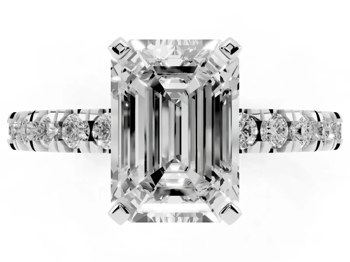 Emerald Cut Diamond Pavé Band Solitaire with Four-Prong Setting Silver