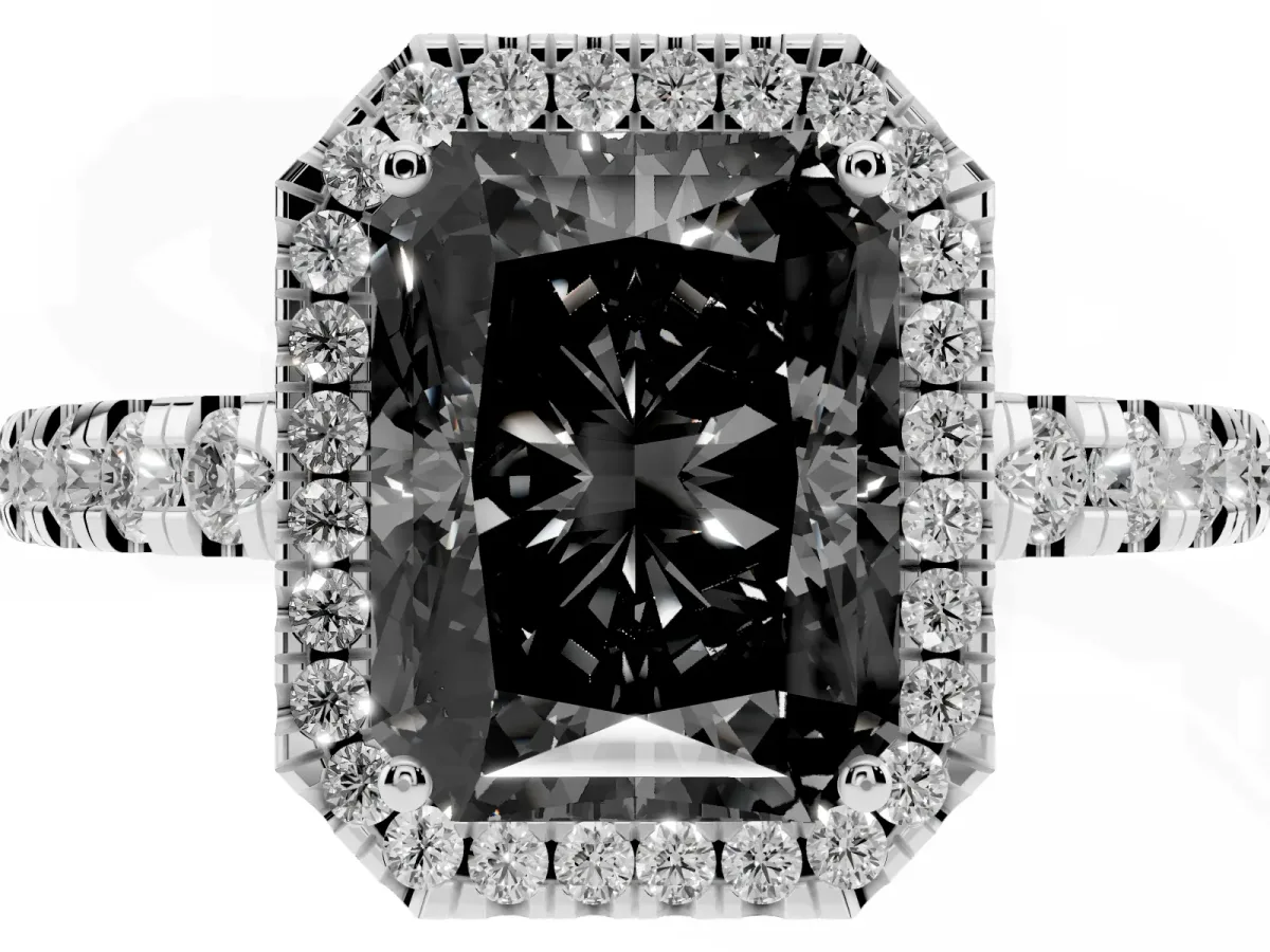 Fancy Black Radiant Cut Diamond Halo Ring with Pavé Band and Four-Prong Setting Silver