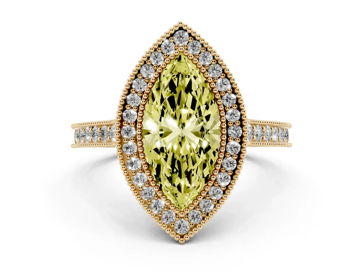 Fancy Yellow Halo Marquise Cut-Cut Diamond Pave Band Milgrain Prong Setting Ring Yellow gold