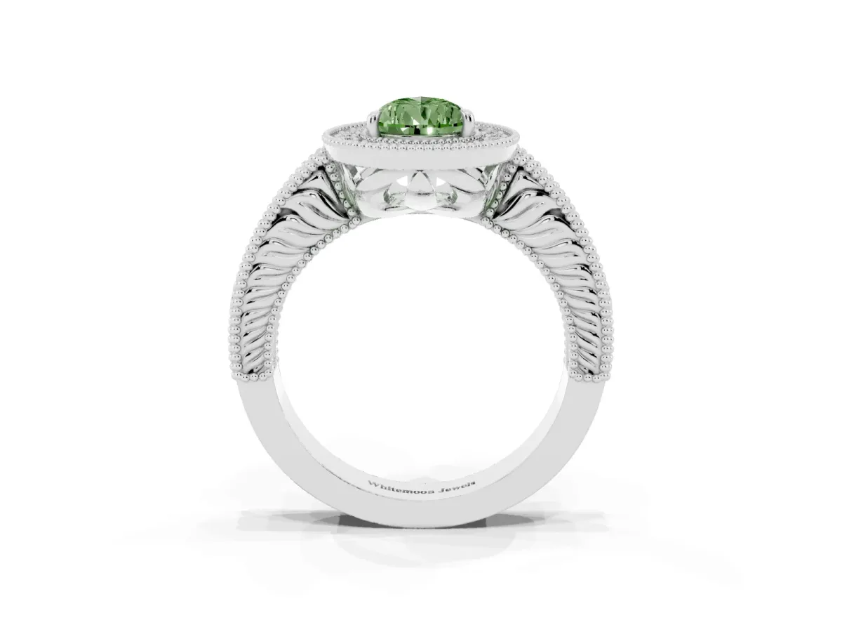 Fancy Green Pear Cut Cut Halo Diamond Ring with Pavé Band and Four-Prong Setting Platinum