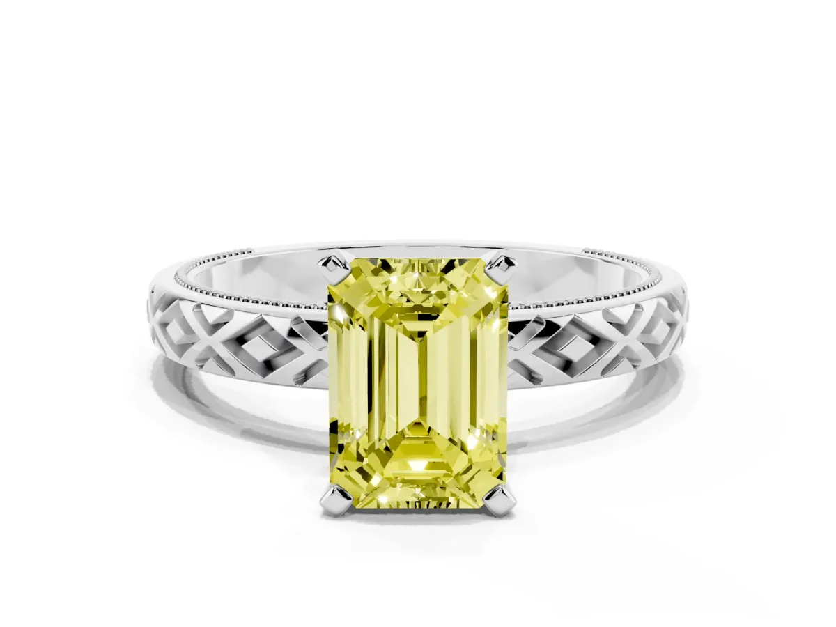 Fancy Yellow Emerald Cut Solitaire Diamond Ring with Milgrain and Black Enamel X Pattern Band Silver