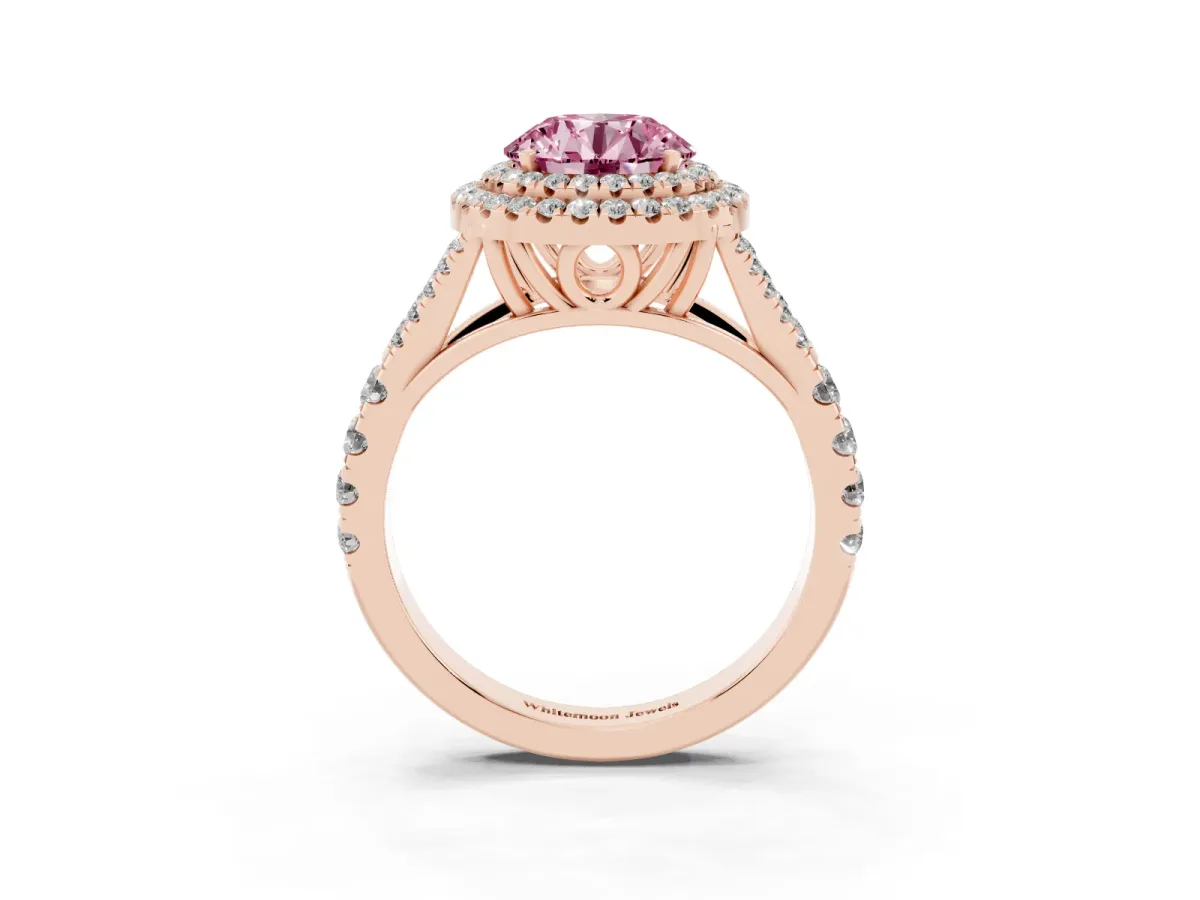 Fancy Pink Double Halo Round Cut Diamond Split Shank Engagement Ring with Four-Prong Setting Rose gold