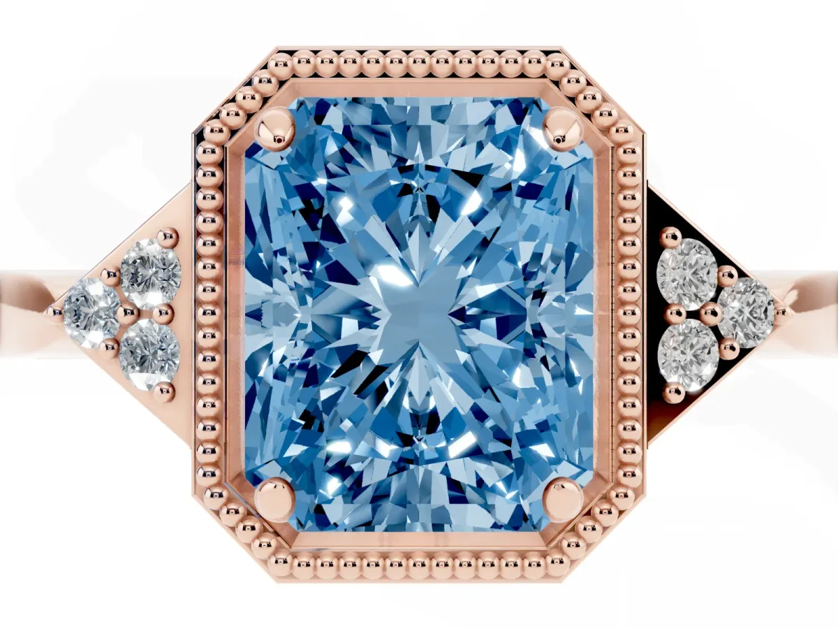 Fancy Blue Hexagonal Halo Radiant Cut Diamond Solitaire with Pavé Band and Four-Prong Setting Rose gold