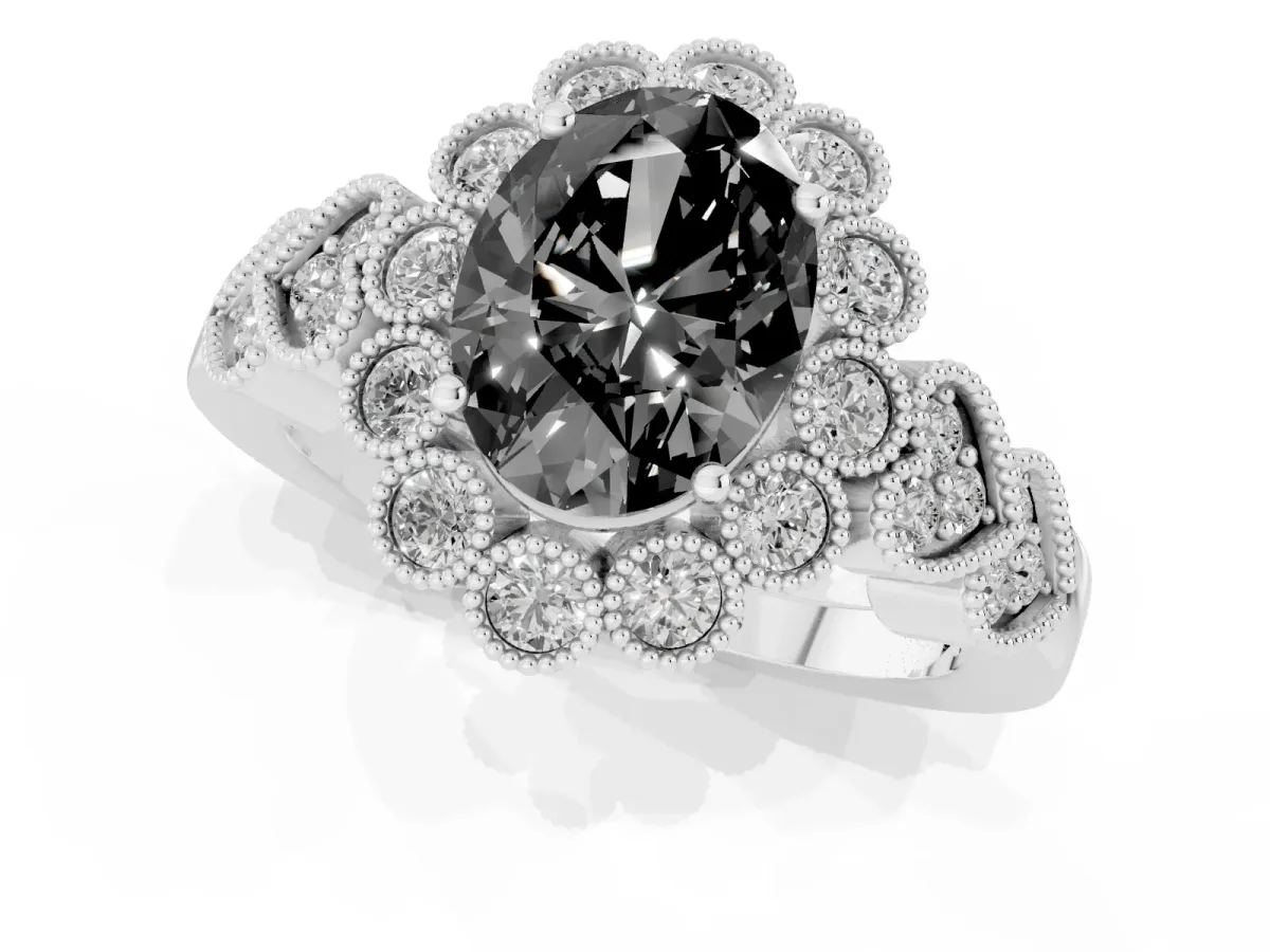 Fancy Black Oval Cut Brilliant Milgrain Pave Heart Band Solitaire Ring Silver