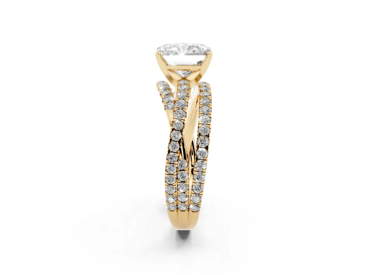 Radiant Cut Solitaire Twist Band with Pavé Setting and Four-Prong Setting Yellow gold