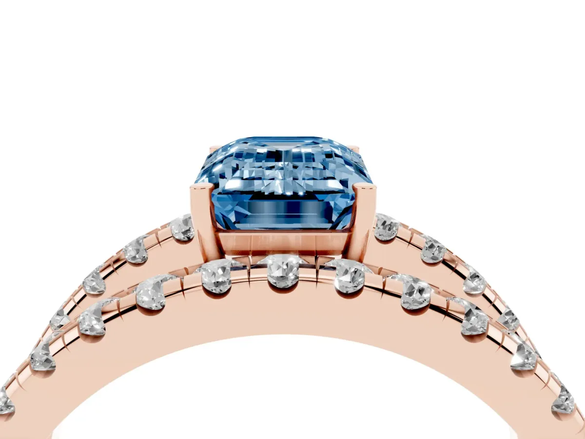 Fancy Blue Emerald Cut Solitaire Split Shank Pave Diamond Ring Rose gold