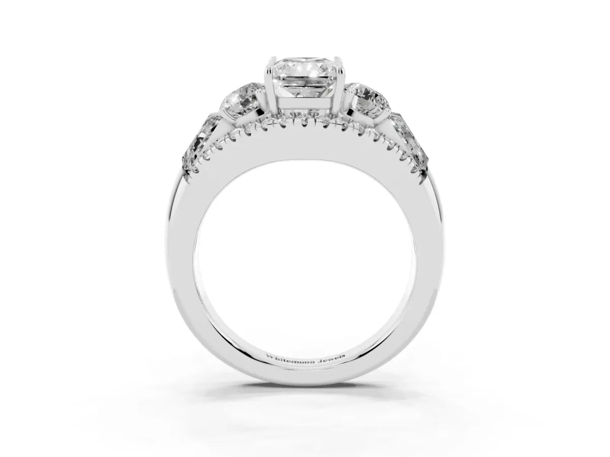 Three-Stone Radiant Cut Diamond Engagement Ring with Pave Band and Prong Setting Silver