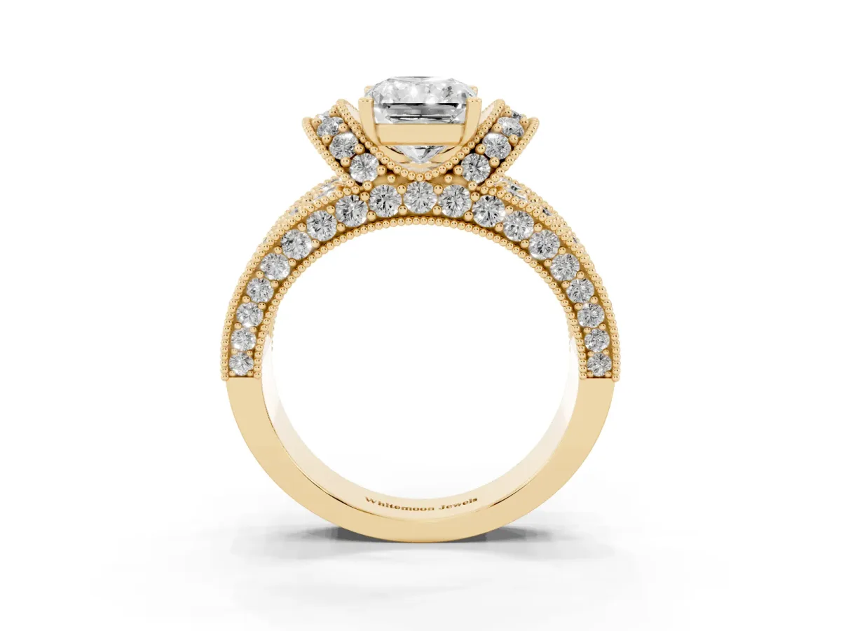 Radiant Cut Halo Pave Diamond Engagement Ring with Milgrain Detailing Yellow gold