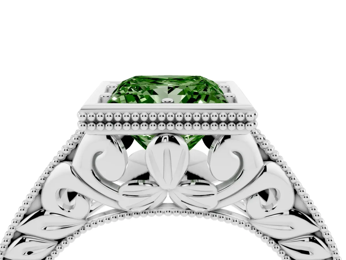 Fancy Green Bezel Set Princess Cut Diamond Milgrain Pave Engagement Ring Silver