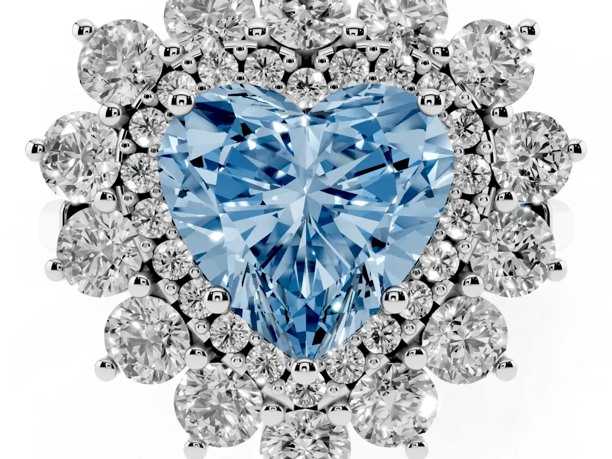 Fancy Blue Heart Cut Diamond Floral Double Halo Engagement Ring with Prong Setting Platinum