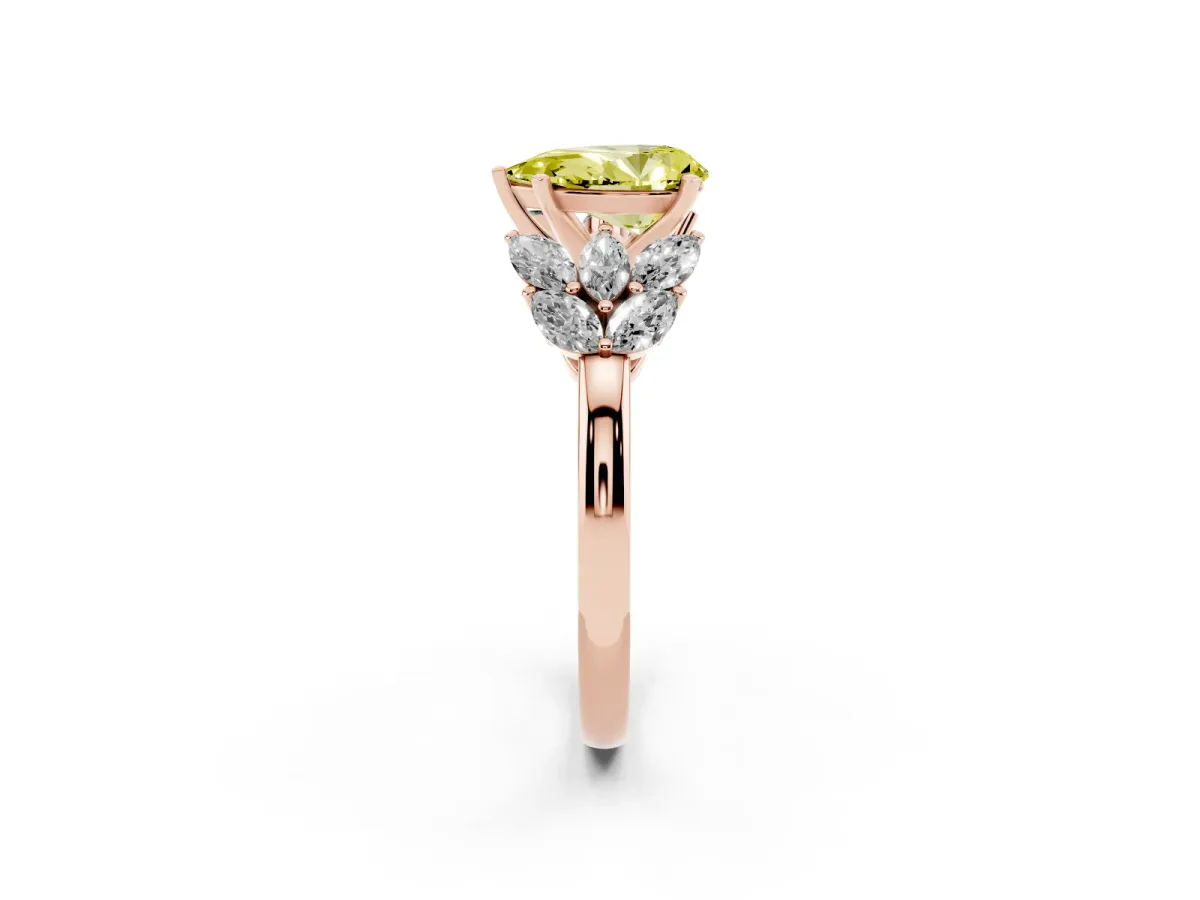 Fancy Yellow Pear Cut Diamond Cluster Leaf Design Ring with Prong Setting Rose gold