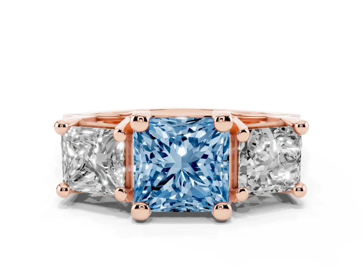 Fancy Blue Princess Cut Diamond Three-Stone Ring with Channel Set Band and Four-Prong Setting Rose gold