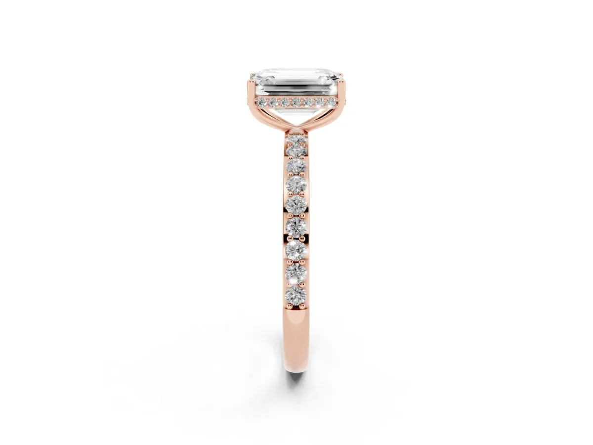 Emerald Cut Diamond Solitaire Ring with Pavé Band and Hidden Halo Rose gold