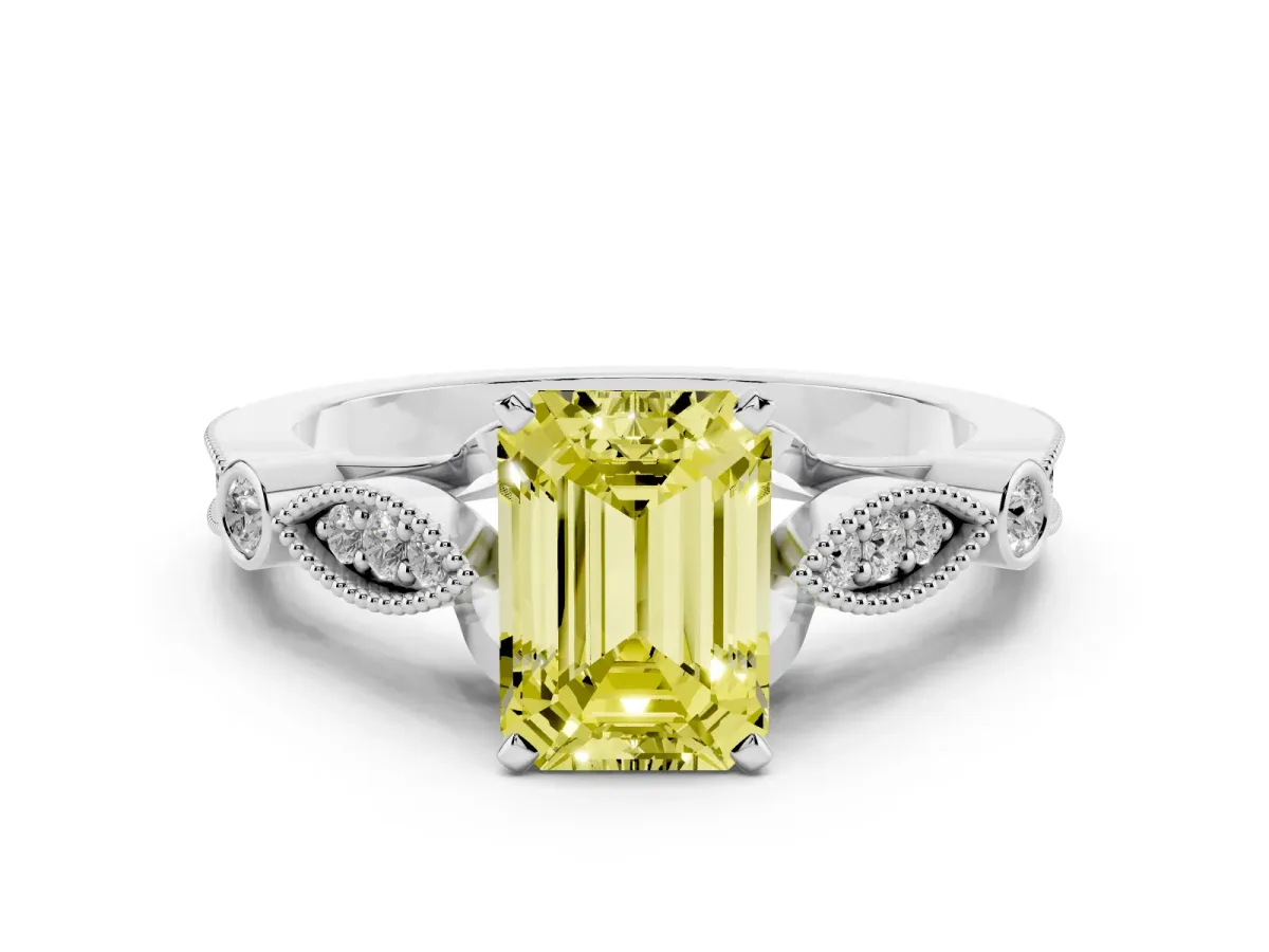 Fancy Yellow Emerald Cut Cut Diamond with Milgrain Marquise and Bezel Accents on a Solitaire Band with Prong Setting Platinum
