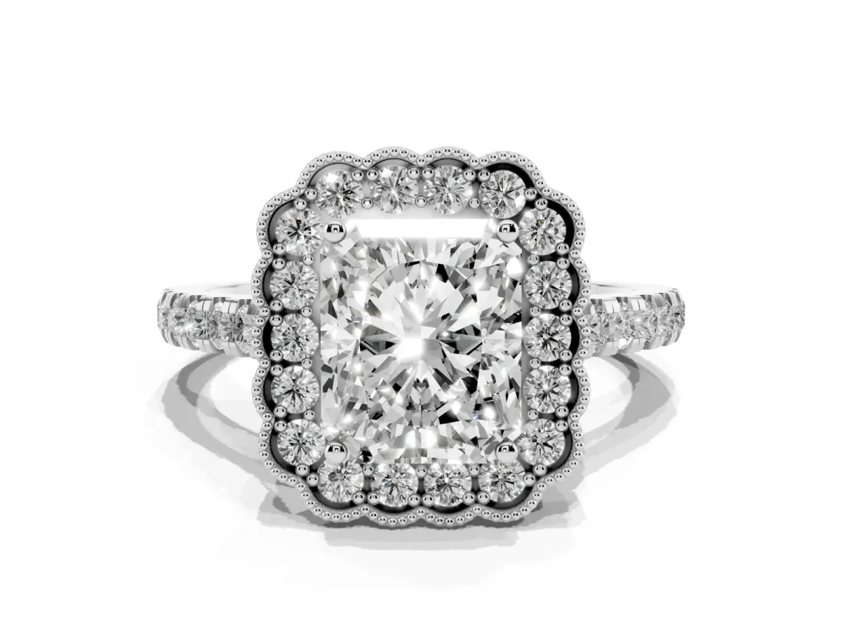 Radiant Cut Cut Diamond Milgrain Floral Halo Engagement Ring with Pavé Band Silver