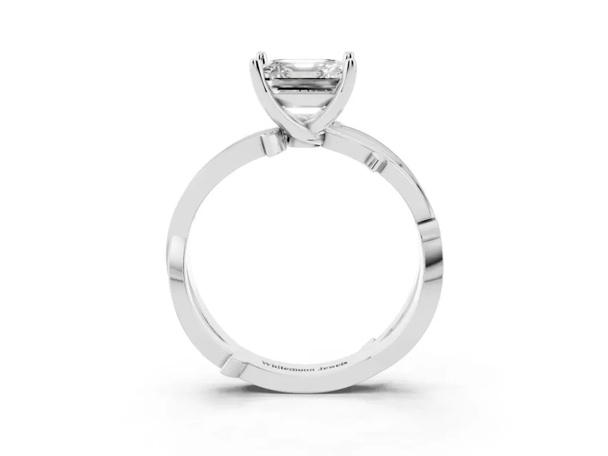 Asscher Cut Solitaire Twist Band with Pavé Accents and Four-Prong Setting White gold