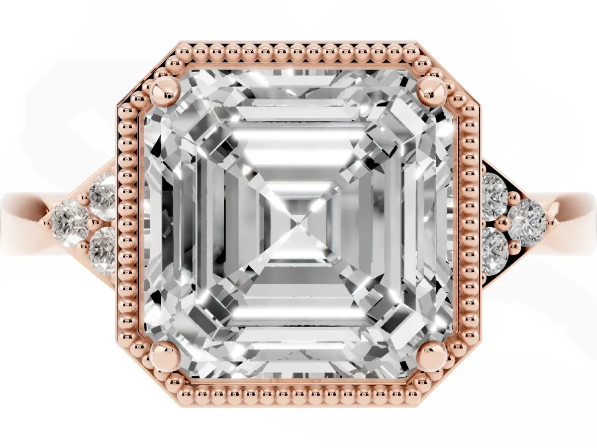 Asscher Cut Diamond Halo Ring with Tapered Band and Four-Prong Setting Rose gold